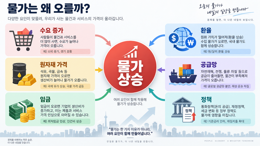 중앙 물가 상승, 주변 수요 증가 / 원자재 가격 / 임금 / 환율 / 공급망 / 정책 구조도