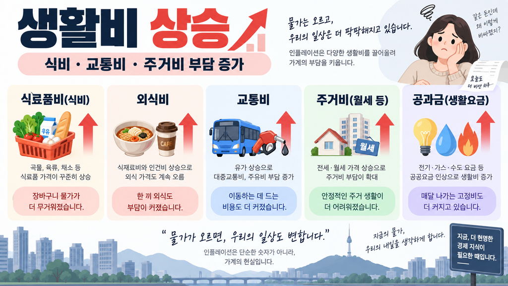 장바구니, 외식, 교통, 주거비에 상승 화살표가 붙은 생활비 인포그래픽