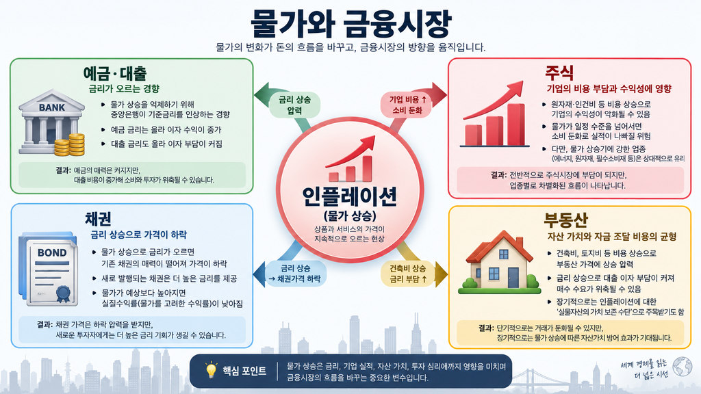 물가 → 금리 → 예금·대출 / 주식 / 채권 / 부동산 연결 구조