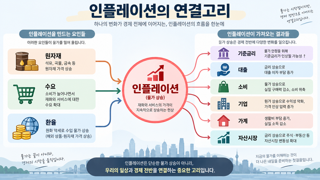원자재·수요·환율 → 인플레이션 → 기준금리 → 대출·소비·투자 → 기업·가계·자산시장